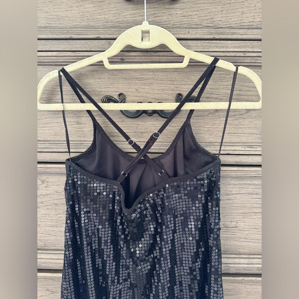 Black Sequin Dress Sleeveless Drop Waist Y2k Spaghetti Straps Criss Cross Beaded - Picture 7 of 9